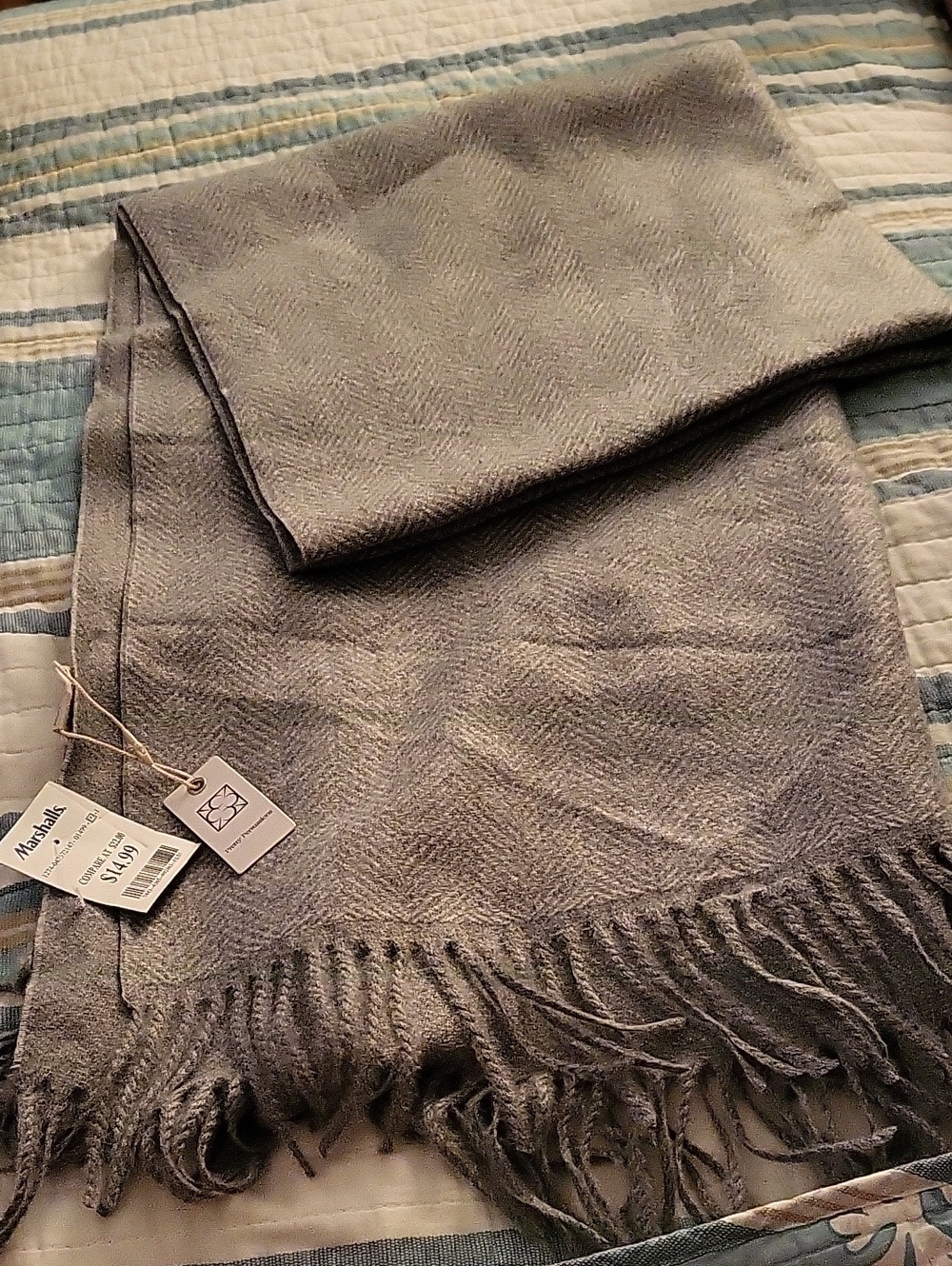 NWT- Pretty Persuasions Gray Fringed Wrap Scarf